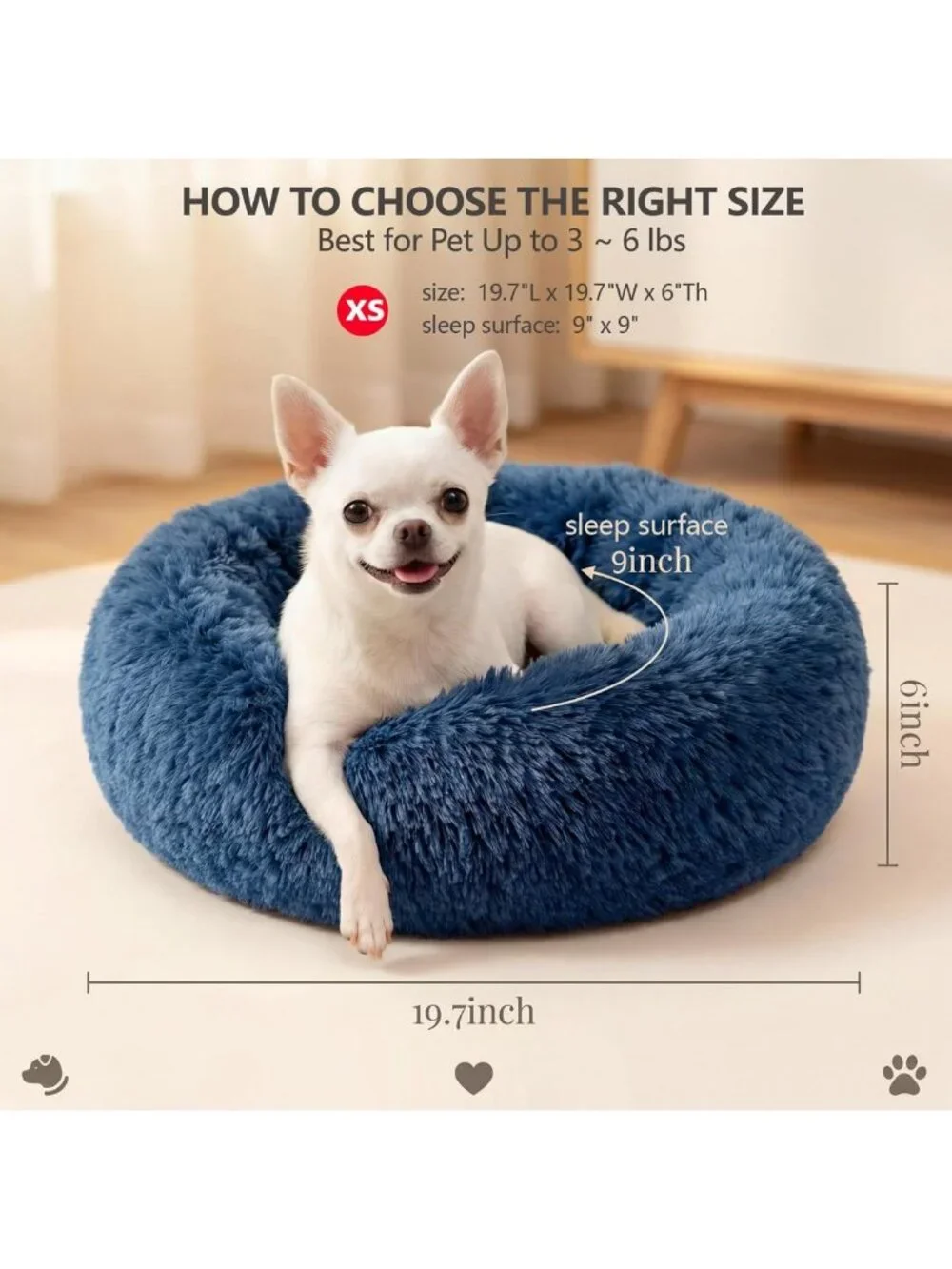 Cozy Washable Donut Dog Bed for Small Pets, Fluffy Round Design, Navy Blue